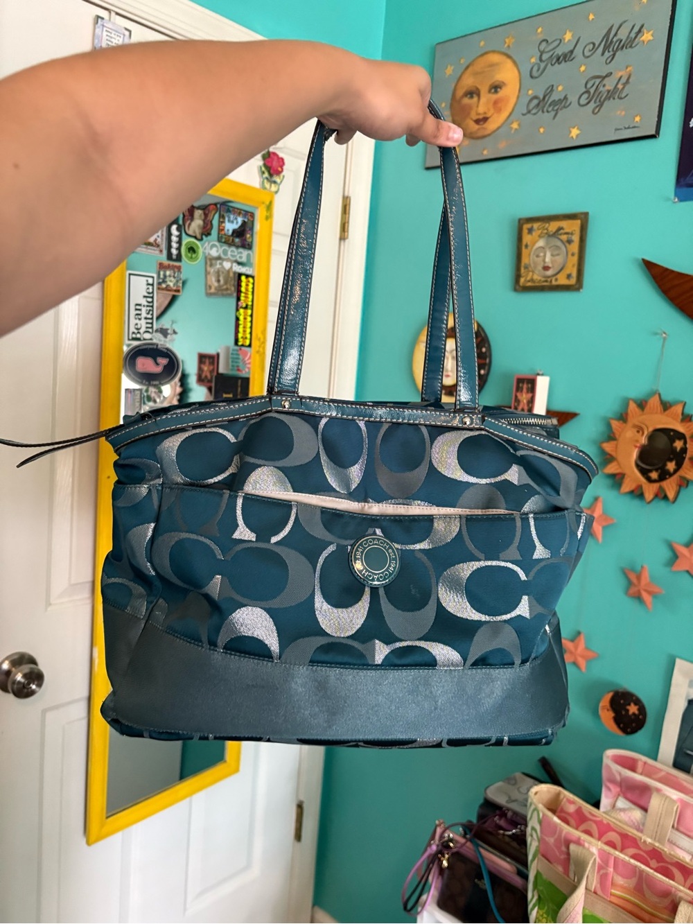 Coach Ashley Teal Optic Signature Diaper Bag Tote Convertible Satchel Bag